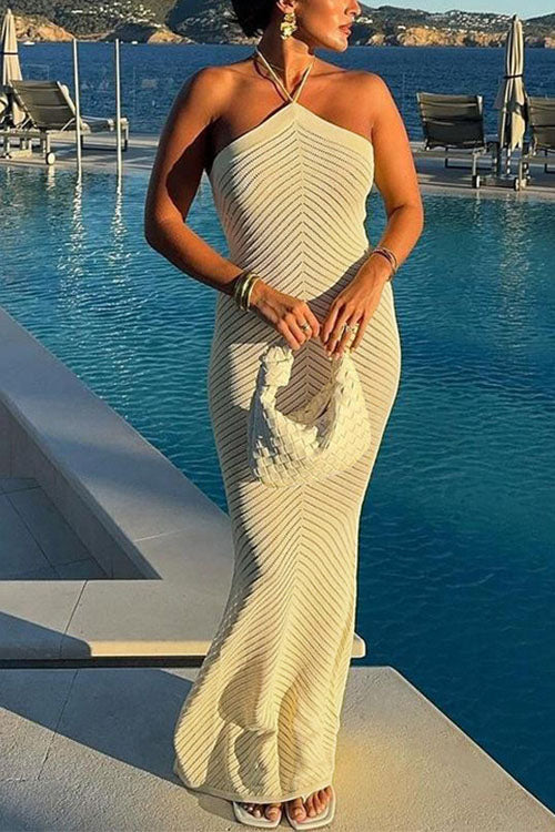 Moxidress Halter Open Back Hollow Out Knit Bodycon Maxi Dress