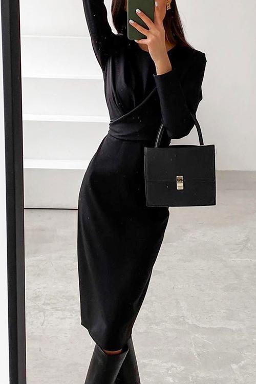 Moxidress Front Cross Slit Back Ruched Midi Dress