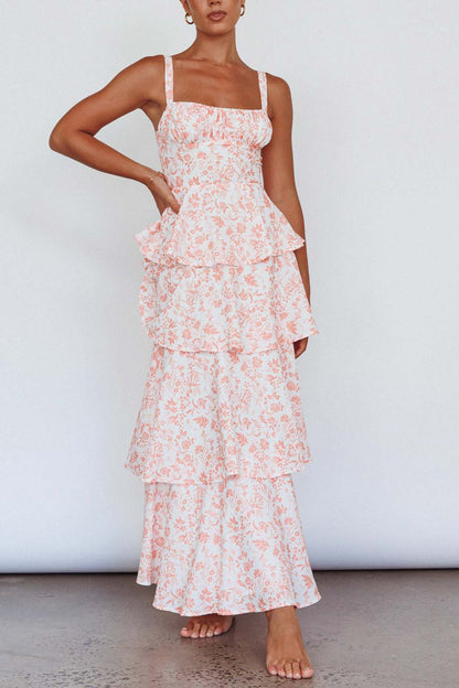 Print Tie-up Tiered Midi Dress
