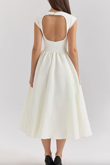 Cap Sleeves Open Back Waisted Swing Midi Dress