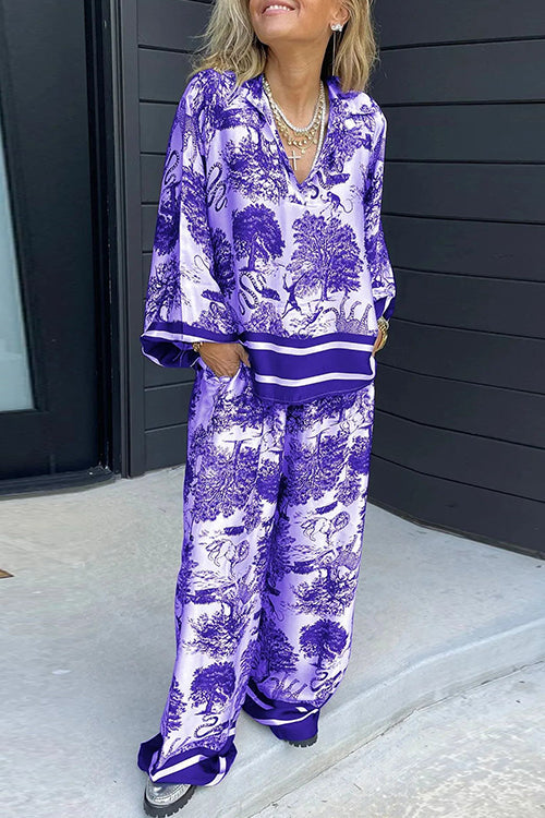 Moxidress Lapel V Neck Long Sleeves Shirt Wide Leg Pants Printed Set