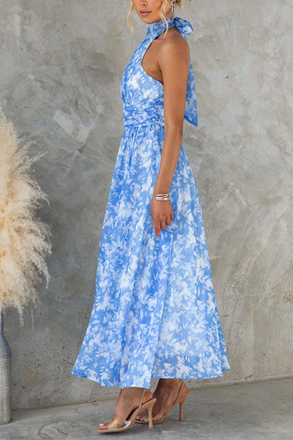 Bow Neck Halter Backless Print Maxi Dress