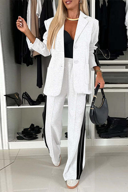 Patchwork Notch Lapel Pocketed Blazer Elastic Waist Wide Leg Pants Set