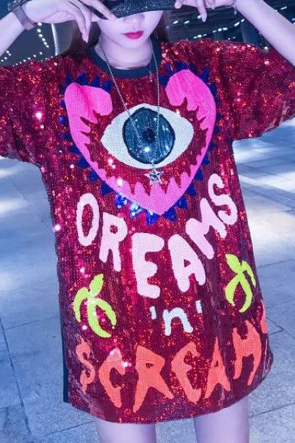 Love Eyes Letters Sequined Round Neck Short Sleeve Mid-length Loose T-shirt