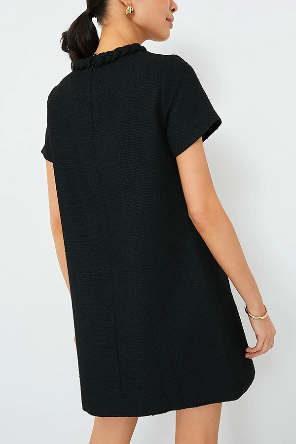 Confident and Tweed Fabric Braided Trim Button Shift Mini Dress