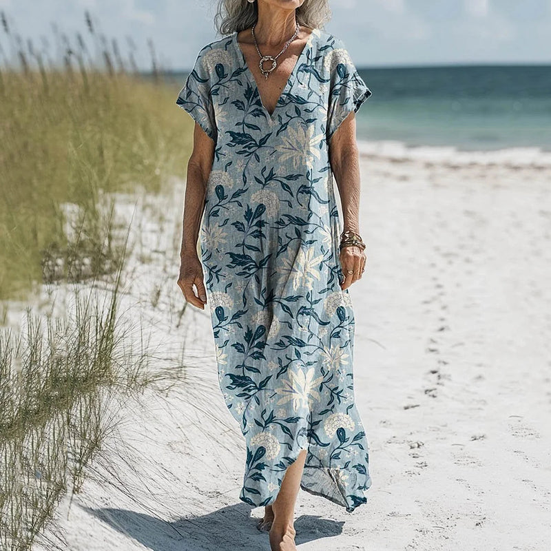 Women's Vintage Floral Art Print V Neck Casual Midi Dress elevenforest