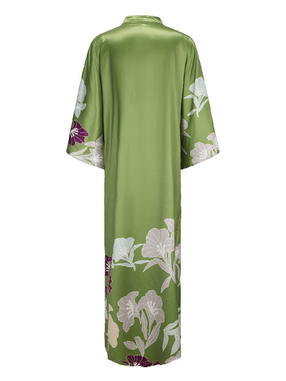 Batwing Sleeves Loose Printed Muslim Pleated Stand Collar Maxi Dresses