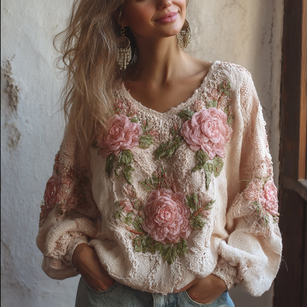 Comstylish Women's Vintage Elegant Crochet Plant-patterned Warm Sweater