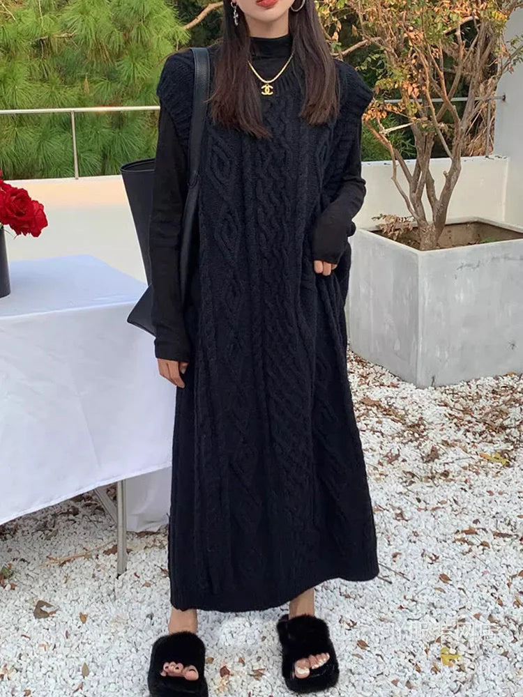 Knit Loose Patchwork Maxi Dress for Sleeveless High Waist Ribbed Dress Knitwear Dress