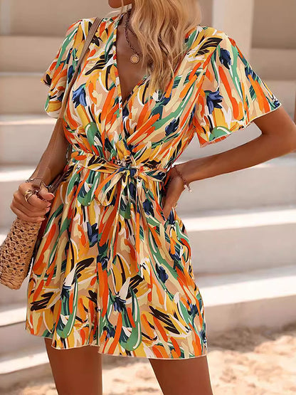 High Waisted Loose Printed Tied Waist V-neck Mini Dresses