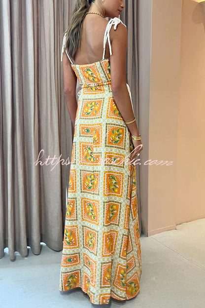Orange Summer Printed Linen Blend Cutout Tie-up Design Maxi Dress