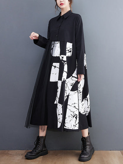 Long Sleeves Loose Contrast Color Split-joint Lapel Collar Midi Dresses