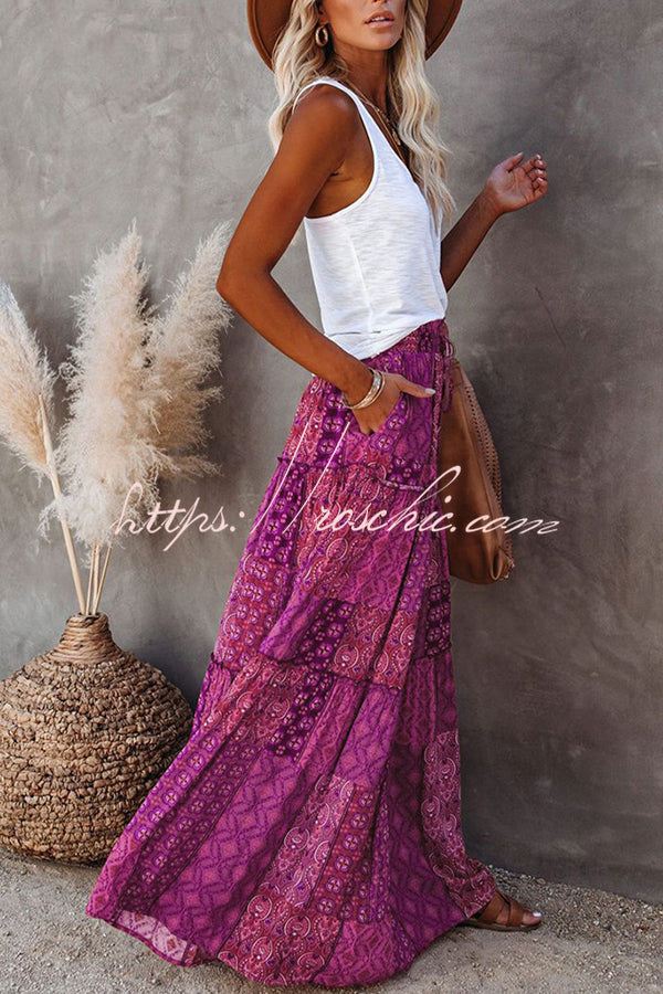 Print Stretch Elastic Waist Pocket High Waist Skirt