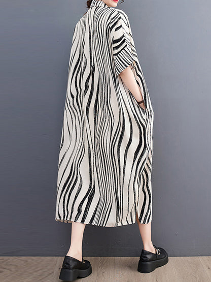 Raglan Sleeve Oversize Zebra-stripe Split-joint Lapel Midi Dresses Shirt Dress