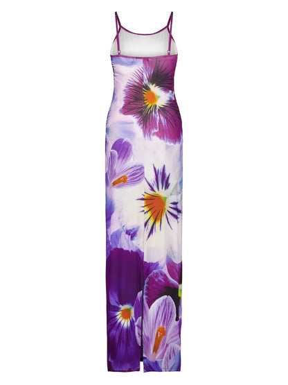 Printed Contrast Spaghetti Dress Female Backless High Waist Patchwork Summer Maxi Dress Halter Dresses