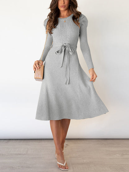 High Waisted Long Sleeves Color Tied Waist Round-neck Midi Dresses Sweater Dresses