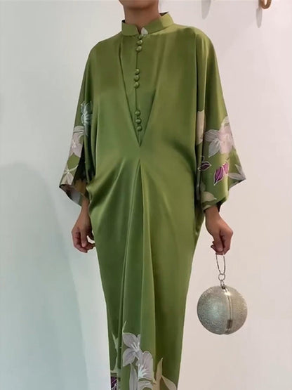 Batwing Sleeves Loose Printed Muslim Pleated Stand Collar Maxi Dresses
