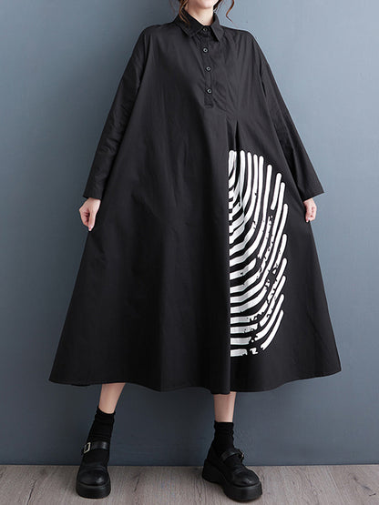 A-line Long Sleeves Asymmetric Buttoned Pleated Printed Split-joint Lapel Midi Dresses Shirt Dress