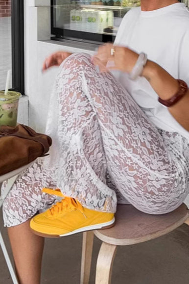 White Lace High Waist A-line Midi Skirt