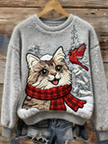 Christmas Cat & Bird Embroidered Women's Plush Sweater elevenforest