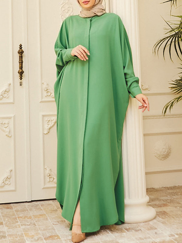 Batwing Sleeves Loose Buttoned Muslim Color Split-side Round-neck Maxi Dresses