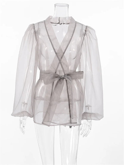 Mesh Holiday Cover Up Shirt V-neck Lace-up Beach Outwear Summer Cover Up