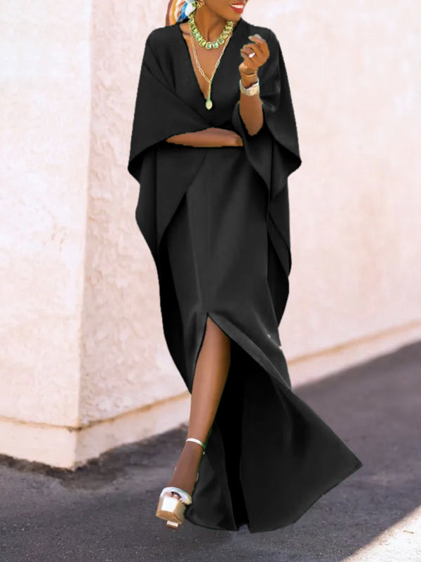 Batwing Sleeves Loose Color Split-side V-neck Maxi Dresses