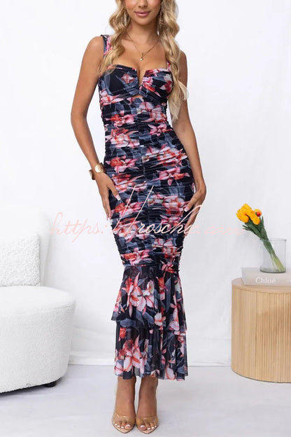 Styled to Perfection Ruched Mesh Overlay Ruffle Hem Maxi Dress