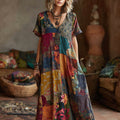 Comstylish Stereoscopic Embroidery Stitching Fabric Flower Vintage Tie-dye V-neck Short-sleeved Long Dress