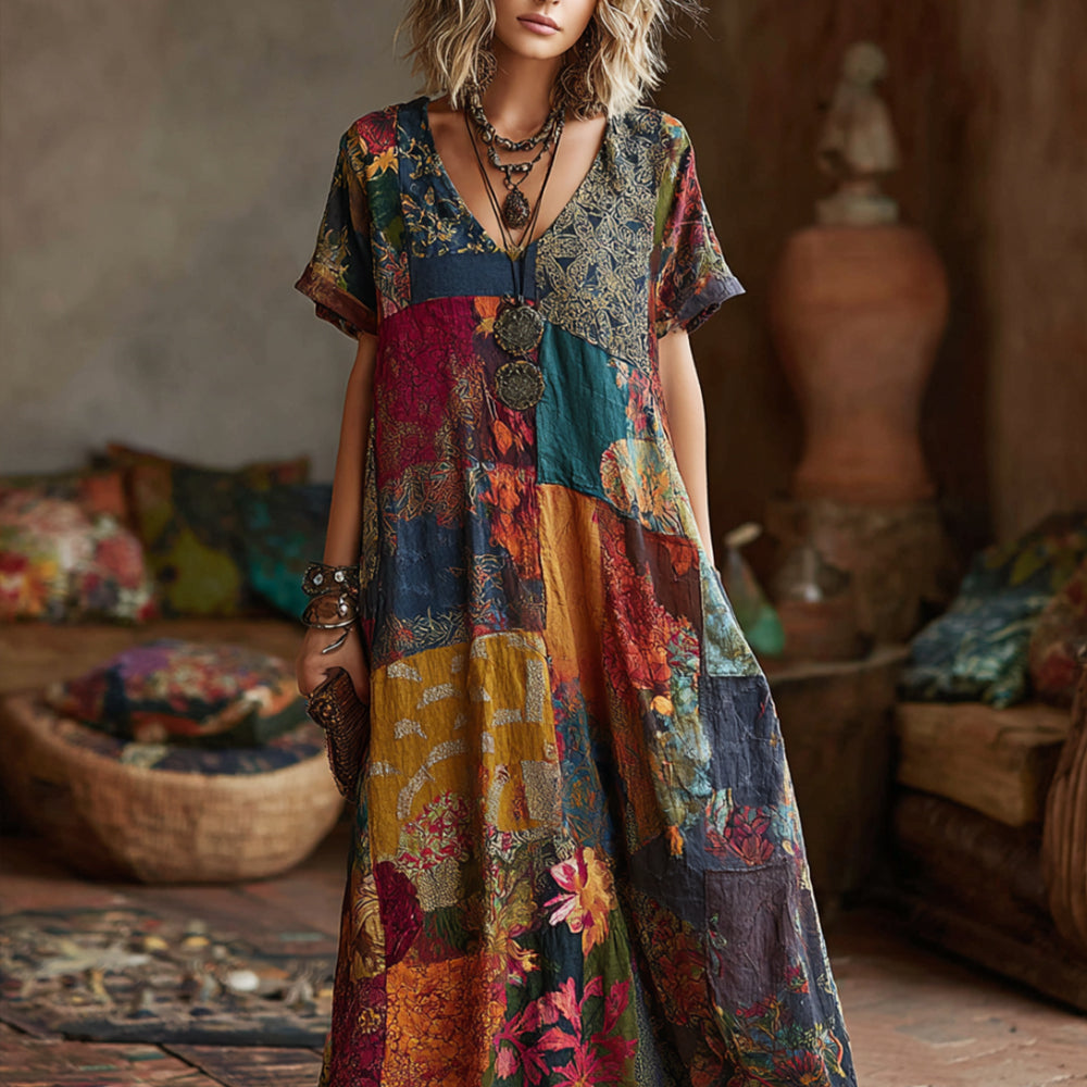 Comstylish Stereoscopic Embroidery Stitching Fabric Flower Vintage Tie-dye V-neck Short-sleeved Long Dress