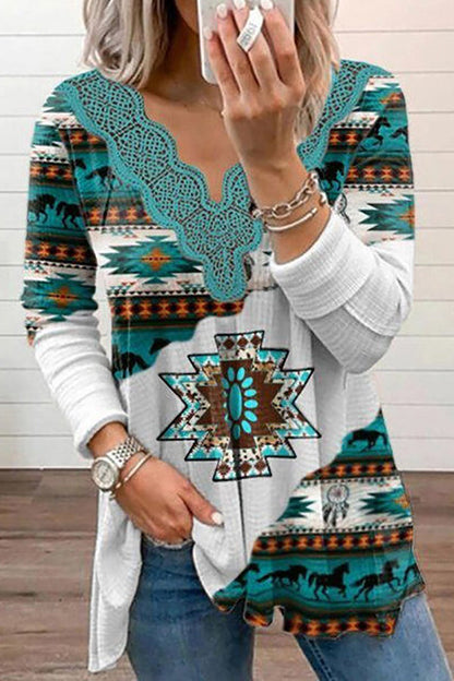 Mexican Past Hippie Print Lace Trim Stretch T-shirt