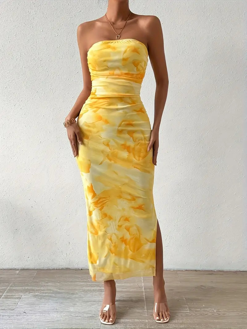 Yellow Print Off Shoulder Backless Split Bodycon Tube Maxi Dress