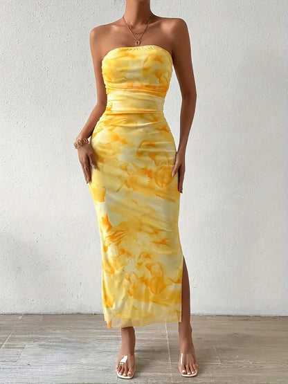 Yellow Print Off Shoulder Backless Split Bodycon Tube Maxi Dress