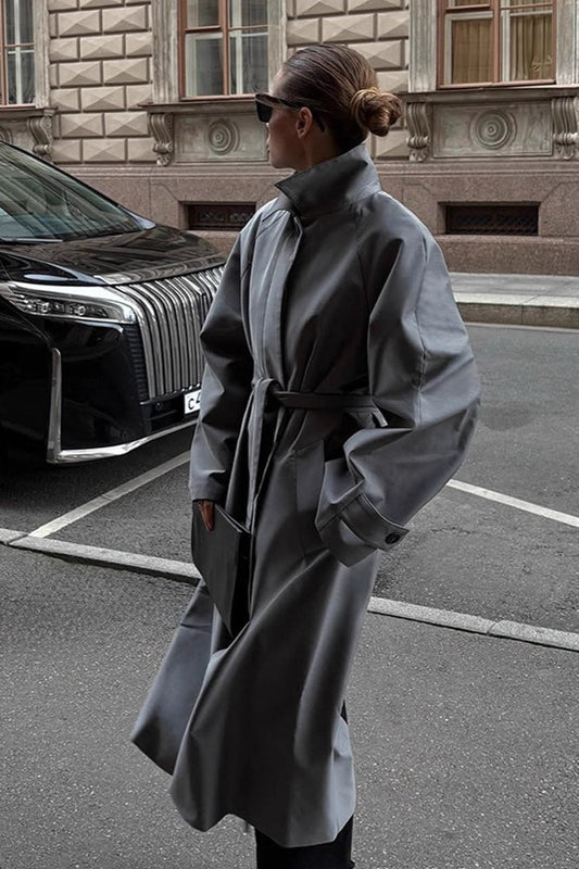 Lazy- European Color Stand Collar Belted Long Overcoat