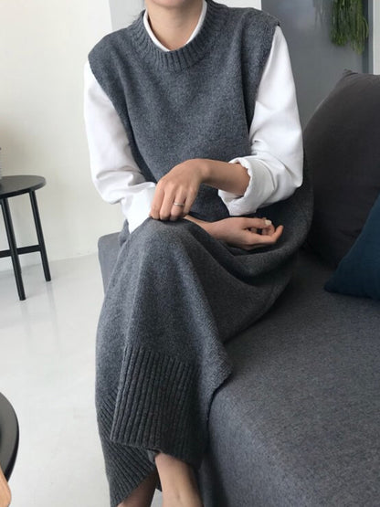 Urban Loose Sleeveless Color Round-neck Midi Dresses Sweater Dresses