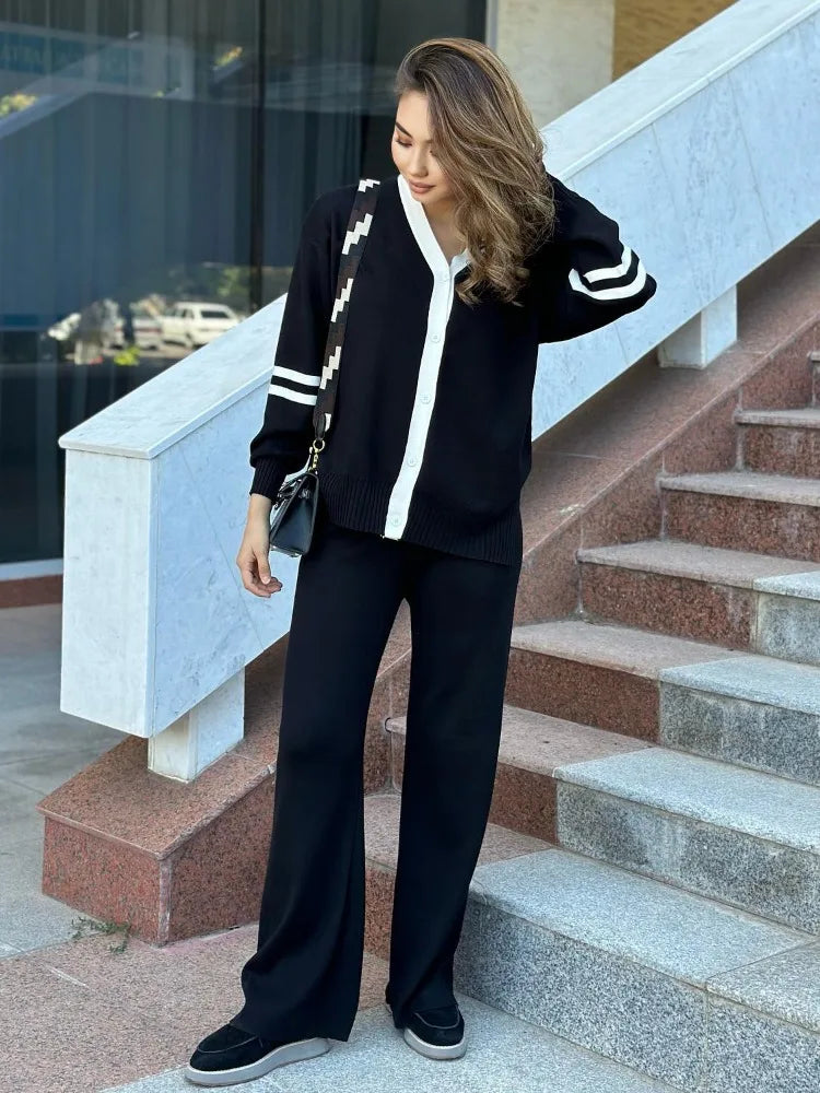 Loose 2 Piece-set Knitwear Contrast for Outwear and Wide Leg Trousers Outfits Knit ’s Pants Sets
