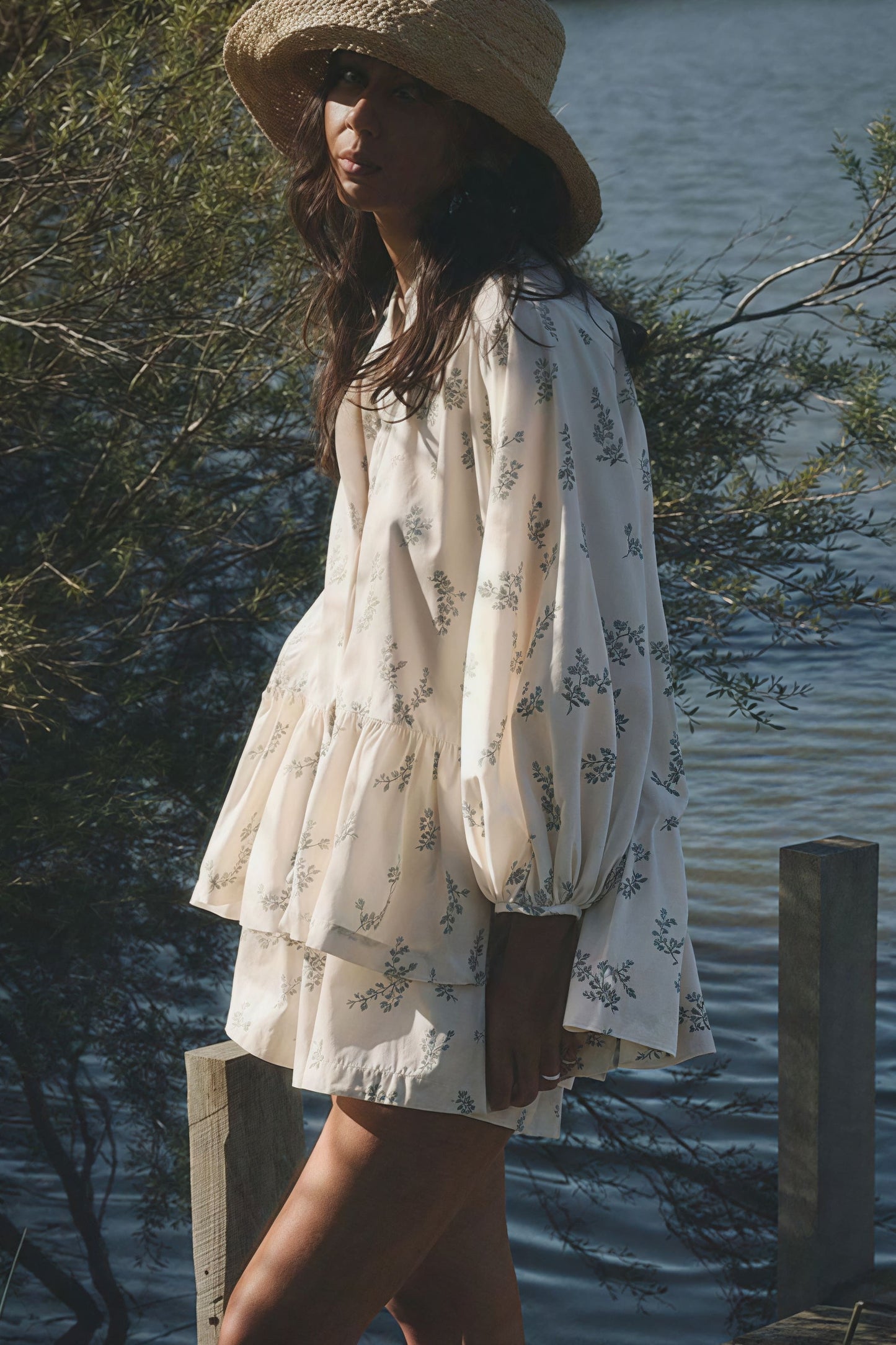 Puff Sleeve High Neck Ruffle Two Piece Set