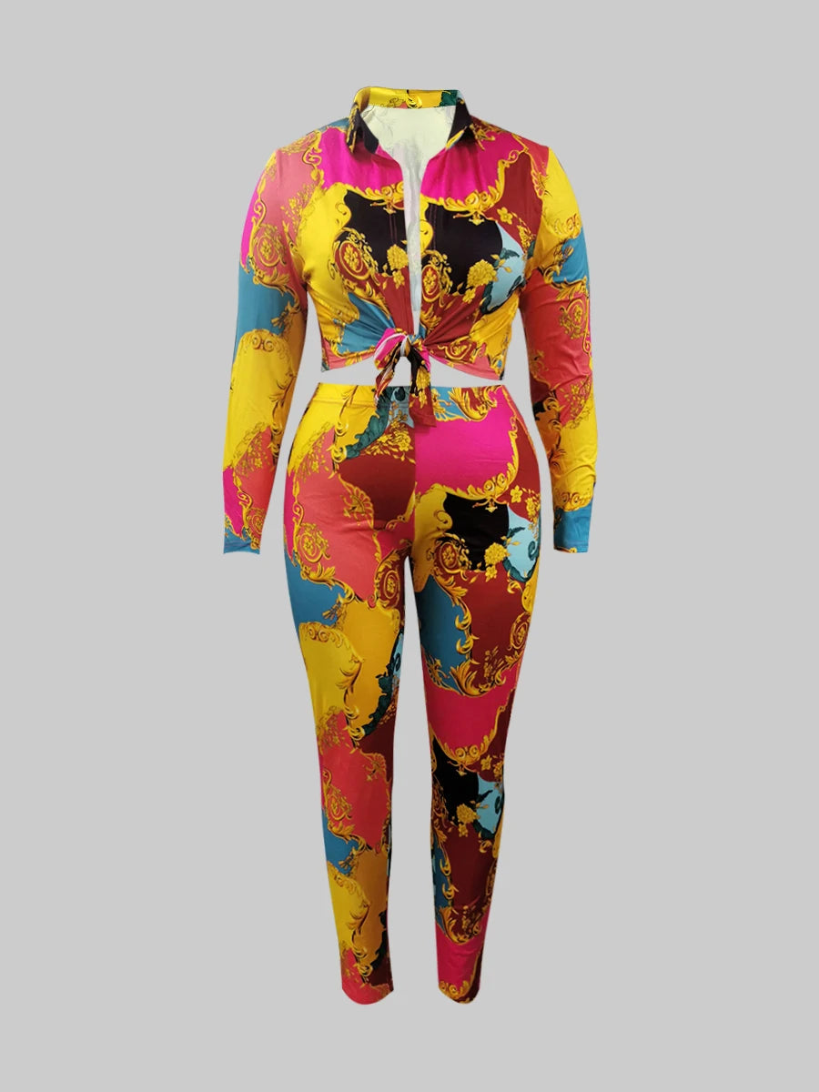 Mixed Print Regular Fit Pants Set New Long Sleeve Shirt Causal Loose Slim Long Trouser Two Pieces