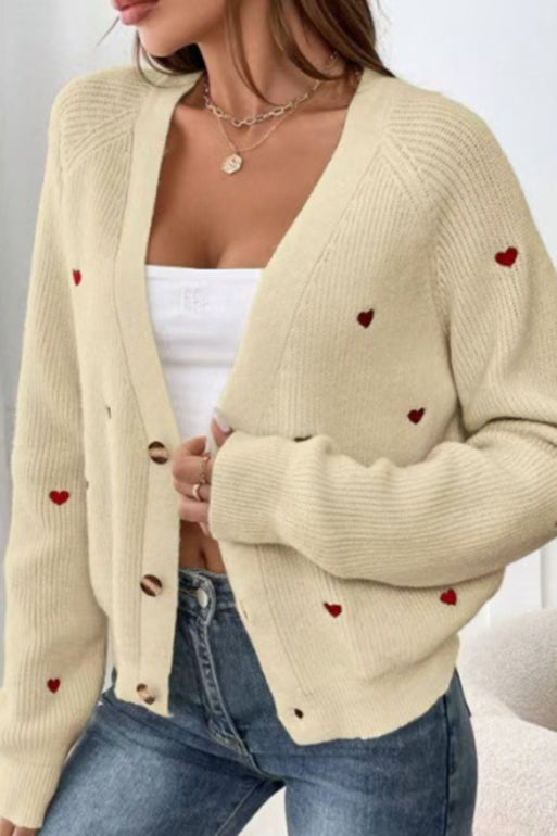 Heart Embroidery V Neck Cardigan
