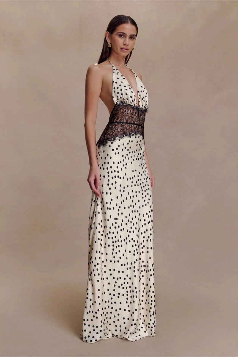 Polka Dot Lace Patchwork Deep V Backless Ruched Maxi Dress