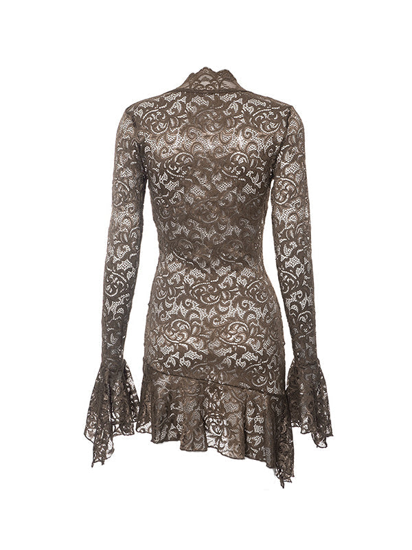 Lace V Neck Mini Dress With Trumpet Sleeve