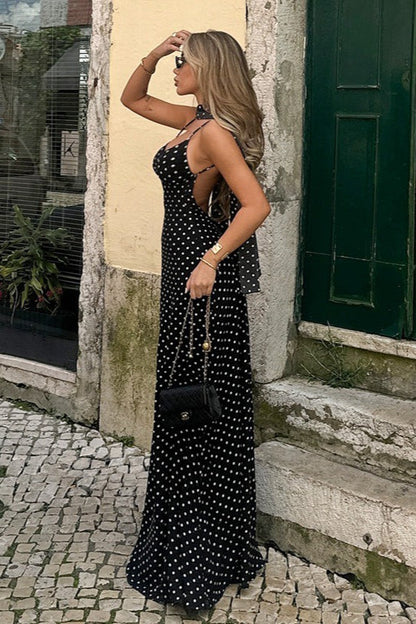 Polka Dot V Neck Cami Backless Maxi Dress