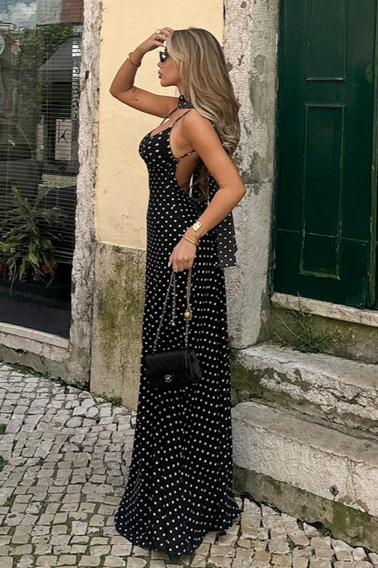 Polka Dot V Neck Cami Backless Maxi Dress
