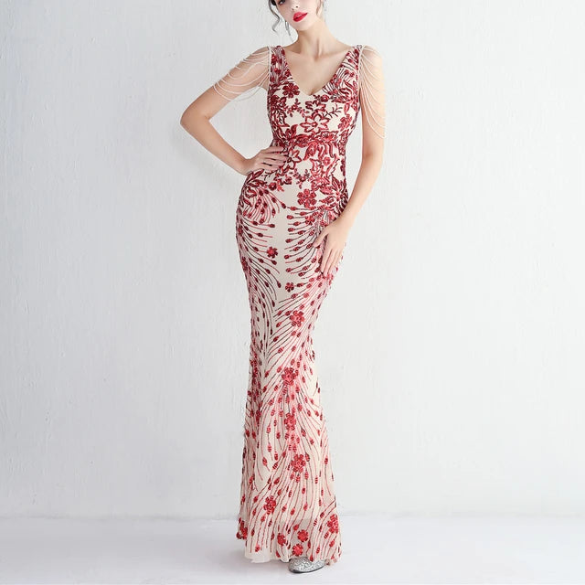 V-neck Sleeveless Dress With Stones and Crystals Sequins Tassel Party Dresses High Waisted Long Dress