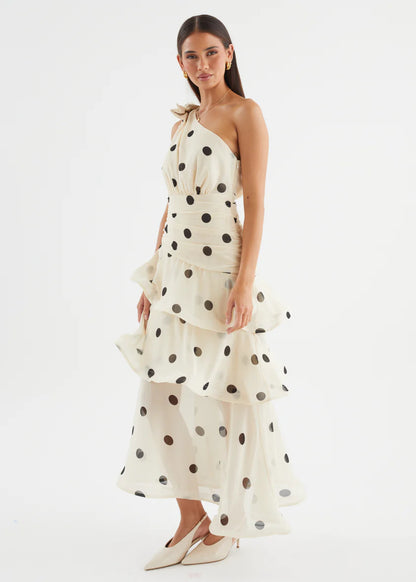 Polka Dot One-shoulder Ruffle Maxi Dress