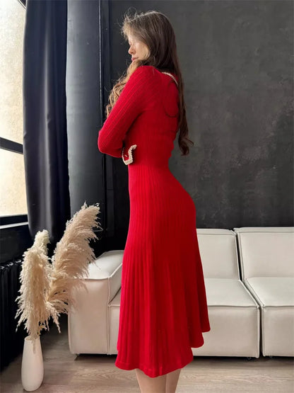 Female Long Dress Pocket Knitwear Ribbed Patchwork High Waist Commute Slim Party Dress Autumn Knit Dress
