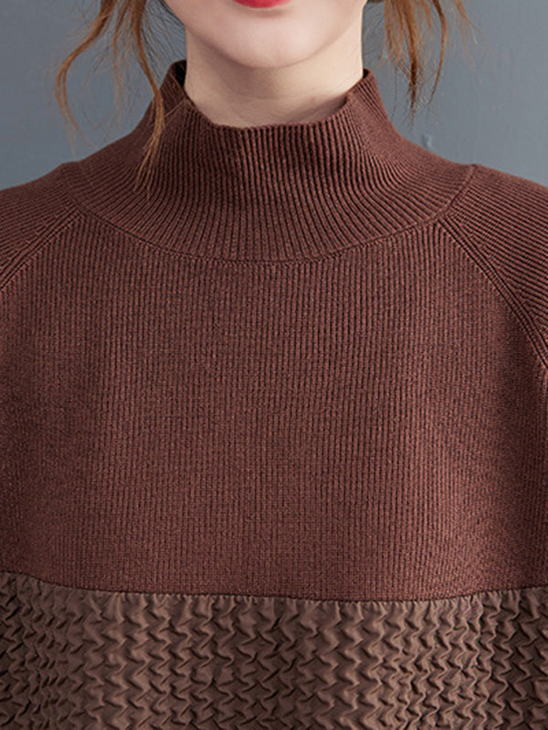 Long Sleeves Loose Split-joint Jacquard High-neck Sweater Dresses