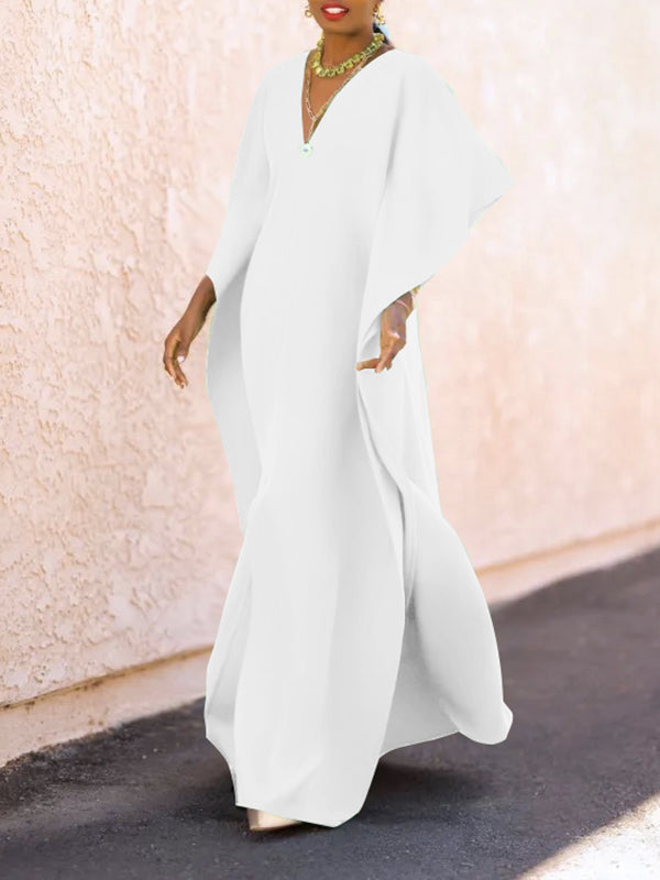 Batwing Sleeves Loose Color Split-side V-neck Maxi Dresses