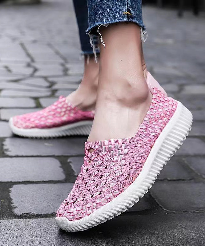 Pink Flat Shoes Knit Fabric Handmade Splicing