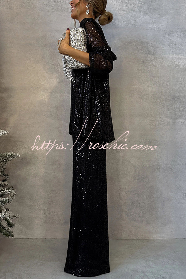Party Scene Sequin High Rise Elastic Waist Wide Leg Pants